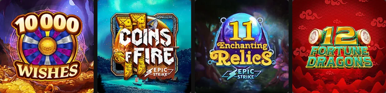 Four pokies tiles from the Casino Kingdom lobby: 10 000 Wishes, Coins of Fire, 11 Enchanting Relics and 12 Fortune Dragons